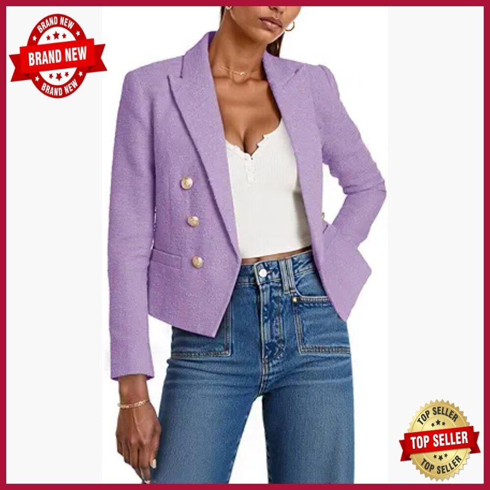 Cropped Tweed Blazer with Pockets, Long Sleeve, Business Suit Jacket
